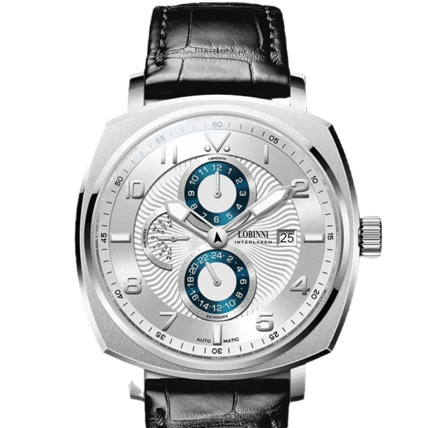 lobinni men's elegant automatic mechanical watch stainless steel case, black faux leather strap, waterproof, luminous hands, dual tone blue/white dial with chronograph functions
