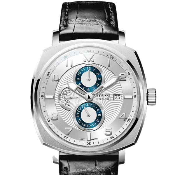 lobinni men's elegant automatic mechanical watch stainless steel case, black faux leather strap, waterproof, luminous hands, dual tone blue/white dial with chronograph functions