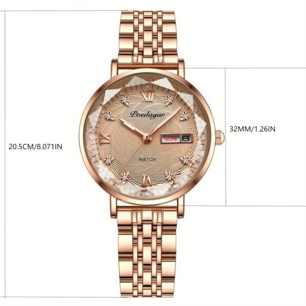 montre à quartz de luxe pour femme poedagar lumineuse avec double calendrier et affichage de la date, en acier inoxydable, style bohème, fonction de temps mondial, design élégant rose et blanc, montre de luxe, artisanat sophistiqué