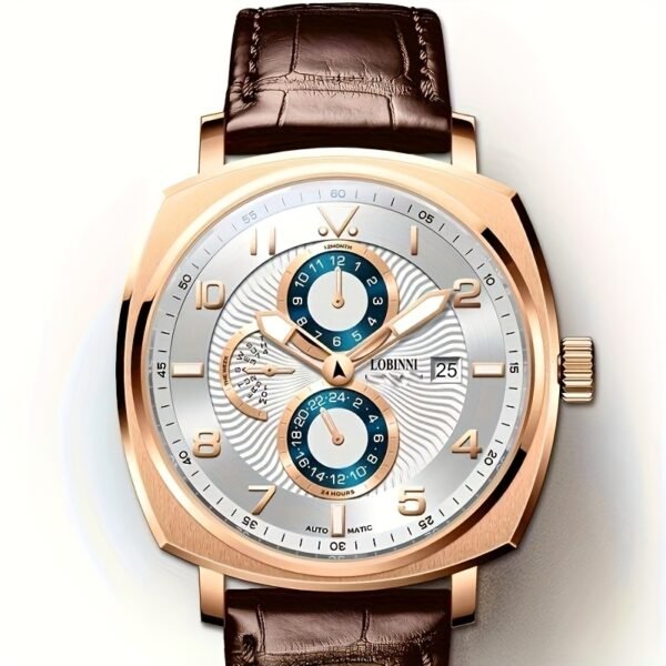 robinie men's automatic mechanical watch elegant golden tone stainless steel, faux leather strap, waterproof, chronograph with lunar phases and date display, mechanical automatic watch