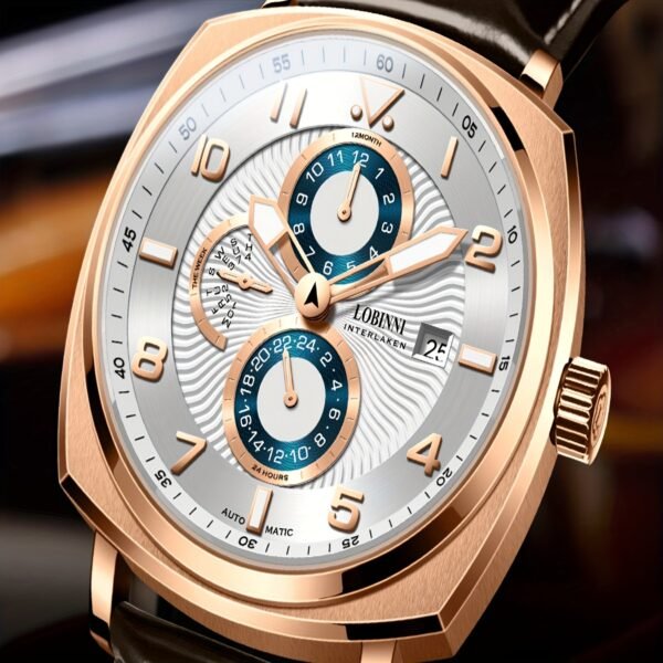 lobinni men's elegant automatic mechanical watch stainless steel case, black faux leather strap, waterproof, luminous hands, dual tone blue/white dial with chronograph functions