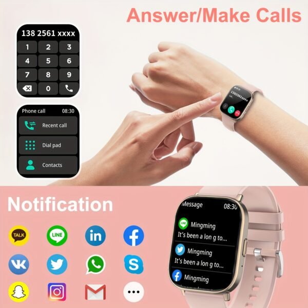 elegant pink silicone smartwatch with 2.01" full touch screen, wireless 5.2, features call answering, message notifications, sleep & exercise tracking, usb rechargeable ideal halloween gift for men & women, smartwatch notifications|elegant smartwatch|curved display, vosoirsi