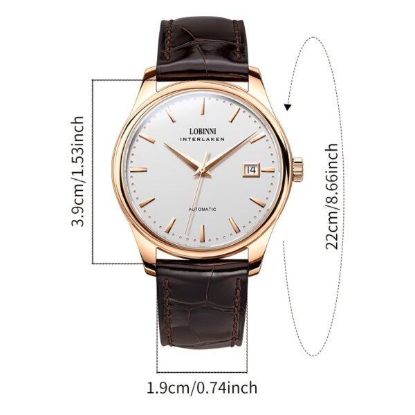 lobinni men's elegant automatic mechanical watch stylish and minimalist design with calendar, waterproof, stainless steel case and brown faux leather strap with rose golden accents for everyday sophistication
