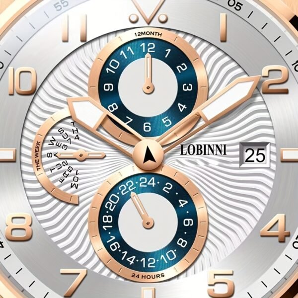 robinie men's automatic mechanical watch elegant golden tone stainless steel, faux leather strap, waterproof, chronograph with lunar phases and date display, mechanical automatic watch