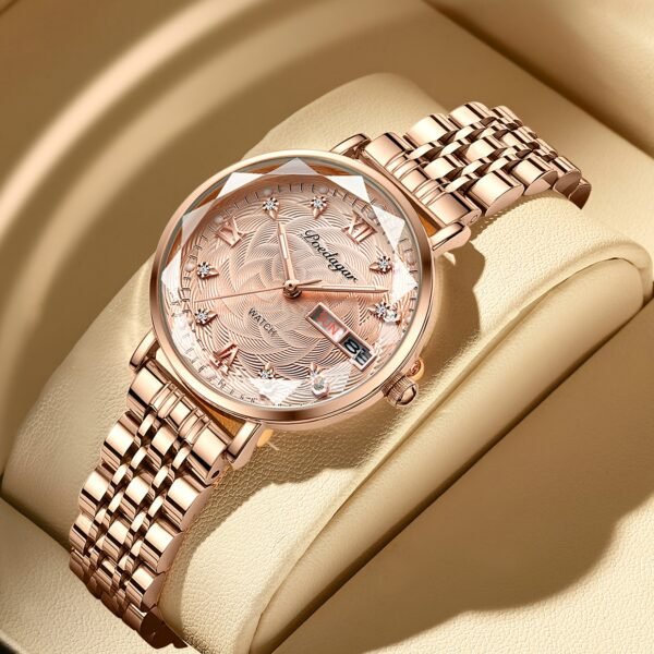 montre à quartz de luxe pour femme poedagar lumineuse avec double calendrier et affichage de la date, en acier inoxydable, style bohème, fonction de temps mondial, design élégant rose et blanc, montre de luxe, artisanat sophistiqué
