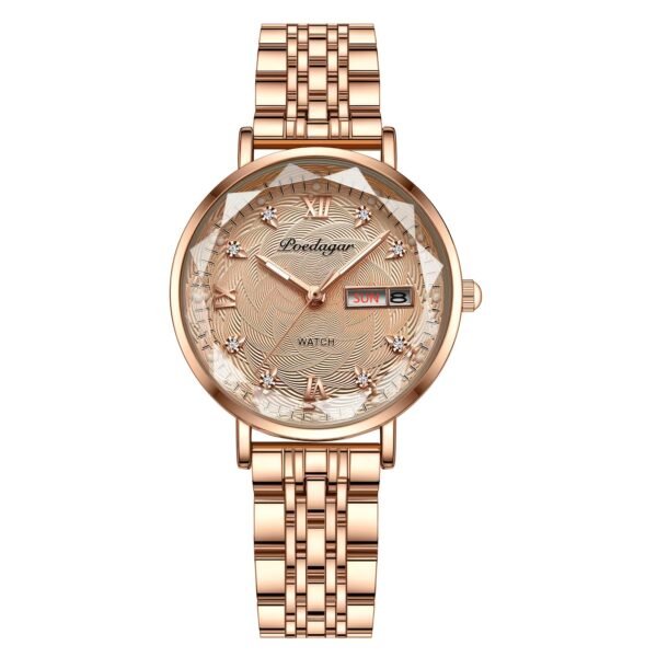 montre à quartz de luxe pour femme poedagar lumineuse avec double calendrier et affichage de la date, en acier inoxydable, style bohème, fonction de temps mondial, design élégant rose et blanc, montre de luxe, artisanat sophistiqué