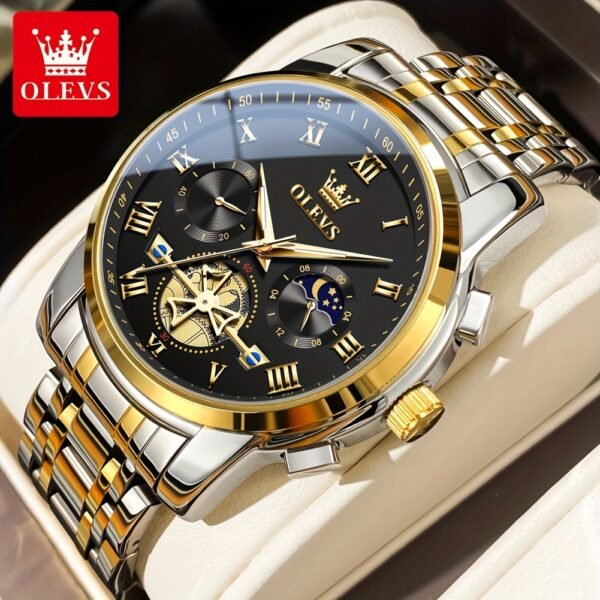 montre de luxe olevs pour hommes cadran bleu en acier inoxydable avec marqueurs dorés, indicateur de phase lunaire, aiguilles lumineuses, mouvement à quartz, chiffres romains & détails couronne pour tenue formelle et décontractée, montre polyvalente, style sophistiqué, bracelet résistant, finition haute qualité