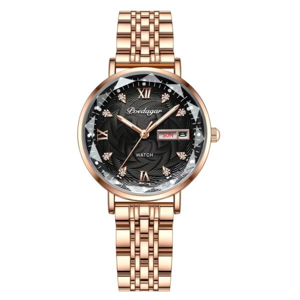montre à quartz de luxe pour femme poedagar lumineuse avec double calendrier et affichage de la date, en acier inoxydable, style bohème, fonction de temps mondial, design élégant rose et blanc, montre de luxe, artisanat sophistiqué
