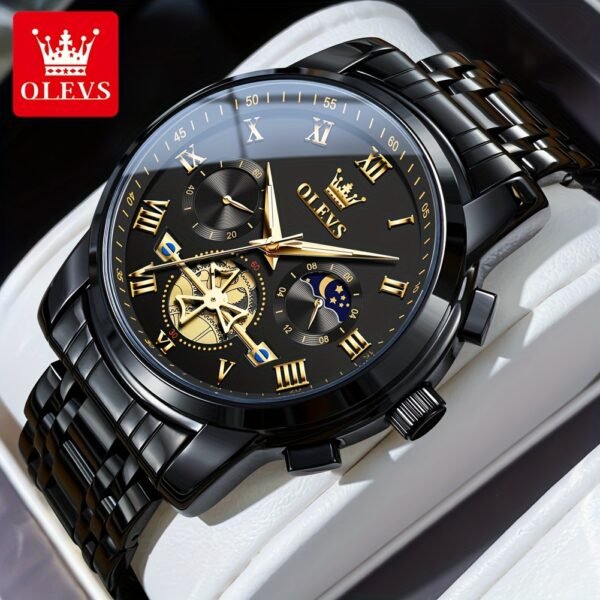 montre de luxe olevs pour hommes cadran bleu en acier inoxydable avec marqueurs dorés, indicateur de phase lunaire, aiguilles lumineuses, mouvement à quartz, chiffres romains & détails couronne pour tenue formelle et décontractée, montre polyvalente, style sophistiqué, bracelet résistant, finition haute qualité