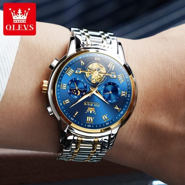 montre de luxe olevs pour hommes cadran bleu en acier inoxydable avec marqueurs dorés, indicateur de phase lunaire, aiguilles lumineuses, mouvement à quartz, chiffres romains & détails couronne pour tenue formelle et décontractée, montre polyvalente, style sophistiqué, bracelet résistant, finition haute qualité