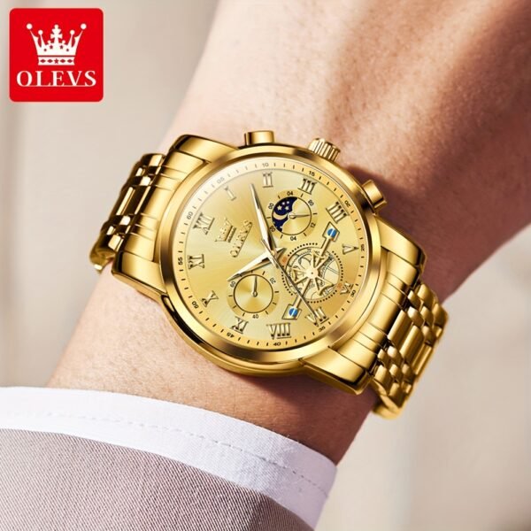 montre de luxe olevs pour hommes cadran bleu en acier inoxydable avec marqueurs dorés, indicateur de phase lunaire, aiguilles lumineuses, mouvement à quartz, chiffres romains & détails couronne pour tenue formelle et décontractée, montre polyvalente, style sophistiqué, bracelet résistant, finition haute qualité