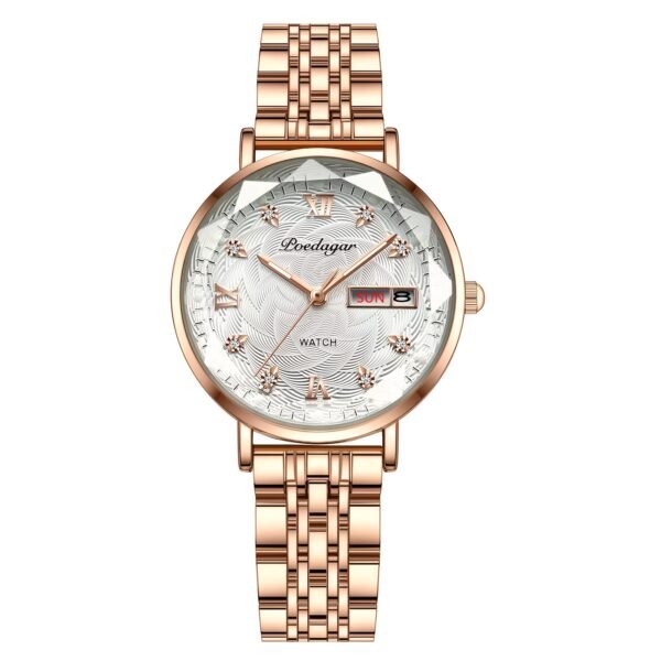 montre à quartz de luxe pour femme poedagar lumineuse avec double calendrier et affichage de la date, en acier inoxydable, style bohème, fonction de temps mondial, design élégant rose et blanc, montre de luxe, artisanat sophistiqué