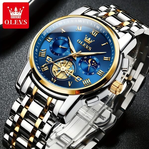 montre de luxe olevs pour hommes cadran bleu en acier inoxydable avec marqueurs dorés, indicateur de phase lunaire, aiguilles lumineuses, mouvement à quartz, chiffres romains & détails couronne pour tenue formelle et décontractée, montre polyvalente, style sophistiqué, bracelet résistant, finition haute qualité