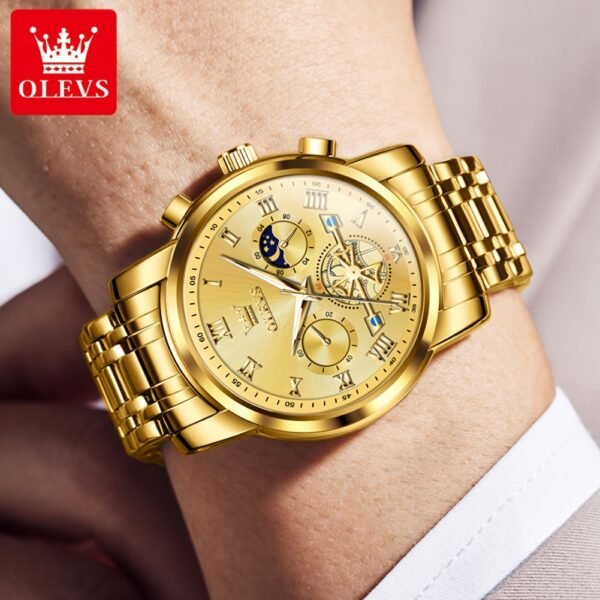 montre de luxe olevs pour hommes cadran bleu en acier inoxydable avec marqueurs dorés, indicateur de phase lunaire, aiguilles lumineuses, mouvement à quartz, chiffres romains & détails couronne pour tenue formelle et décontractée, montre polyvalente, style sophistiqué, bracelet résistant, finition haute qualité