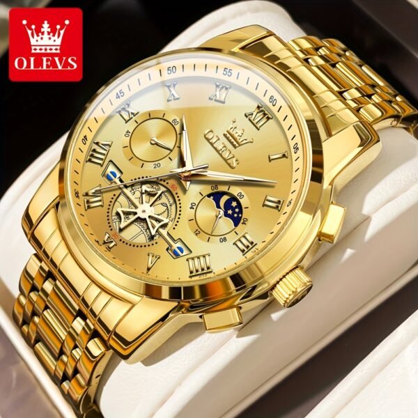 montre de luxe olevs pour hommes cadran bleu en acier inoxydable avec marqueurs dorés, indicateur de phase lunaire, aiguilles lumineuses, mouvement à quartz, chiffres romains & détails couronne pour tenue formelle et décontractée, montre polyvalente, style sophistiqué, bracelet résistant, finition haute qualité