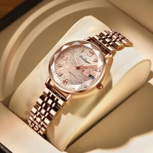 montre à quartz de luxe pour femme poedagar lumineuse avec double calendrier et affichage de la date, en acier inoxydable, style bohème, fonction de temps mondial, design élégant rose et blanc, montre de luxe, artisanat sophistiqué