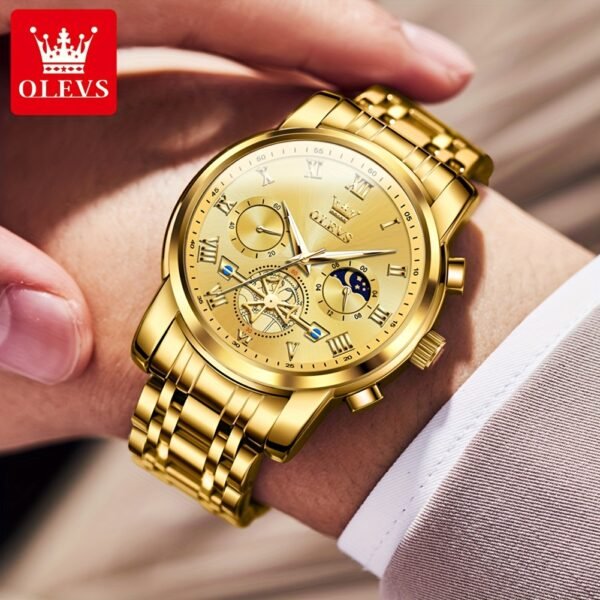 montre de luxe olevs pour hommes cadran bleu en acier inoxydable avec marqueurs dorés, indicateur de phase lunaire, aiguilles lumineuses, mouvement à quartz, chiffres romains & détails couronne pour tenue formelle et décontractée, montre polyvalente, style sophistiqué, bracelet résistant, finition haute qualité
