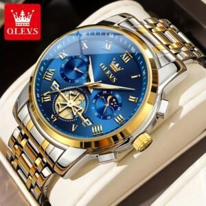 montre de luxe olevs pour hommes cadran bleu en acier inoxydable avec marqueurs dorés, indicateur de phase lunaire, aiguilles lumineuses, mouvement à quartz, chiffres romains & détails couronne pour tenue formelle et décontractée, montre polyvalente, style sophistiqué, bracelet résistant, finition haute qualité