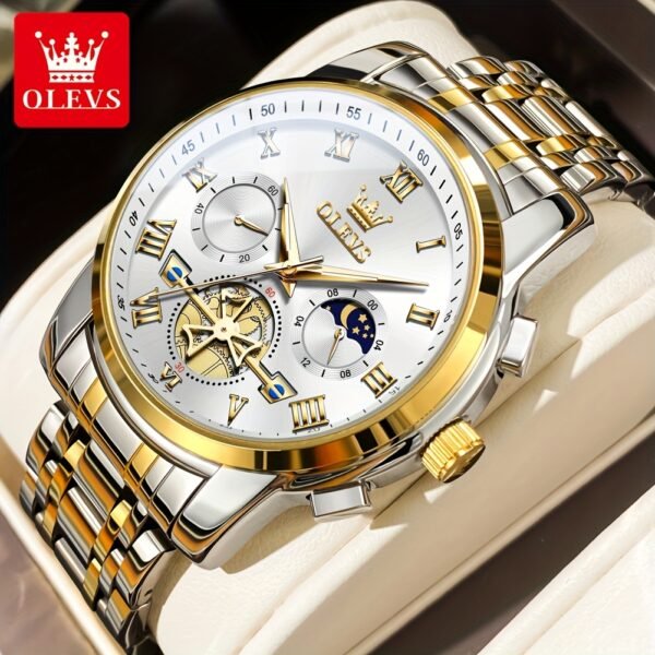 montre de luxe olevs pour hommes cadran bleu en acier inoxydable avec marqueurs dorés, indicateur de phase lunaire, aiguilles lumineuses, mouvement à quartz, chiffres romains & détails couronne pour tenue formelle et décontractée, montre polyvalente, style sophistiqué, bracelet résistant, finition haute qualité