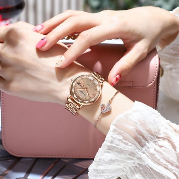 montre à quartz de luxe pour femme poedagar lumineuse avec double calendrier et affichage de la date, en acier inoxydable, style bohème, fonction de temps mondial, design élégant rose et blanc, montre de luxe, artisanat sophistiqué