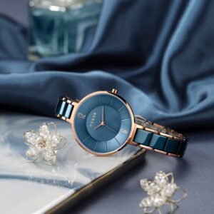 montre femme de mode simple marque rocos bracelet en céramique bleue boîtier doré rose ultra mince montre à quartz Élégante pour femmes, cadeaux de vacances pour petites amies r0309