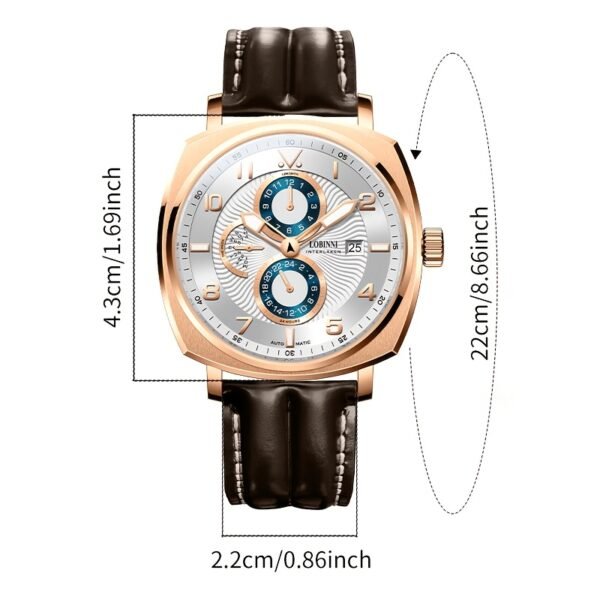 robinie men's automatic mechanical watch elegant golden tone stainless steel, faux leather strap, waterproof, chronograph with lunar phases and date display, mechanical automatic watch