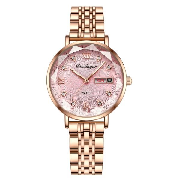 montre à quartz de luxe pour femme poedagar lumineuse avec double calendrier et affichage de la date, en acier inoxydable, style bohème, fonction de temps mondial, design élégant rose et blanc, montre de luxe, artisanat sophistiqué