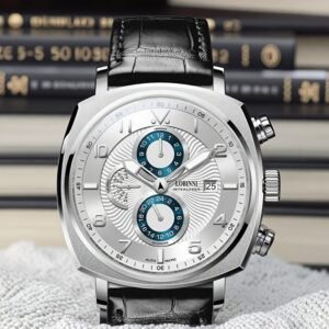 lobinni men's elegant automatic mechanical watch stainless steel case, black faux leather strap, waterproof, luminous hands, dual tone blue/white dial with chronograph functions