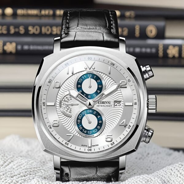 lobinni men's elegant automatic mechanical watch stainless steel case, black faux leather strap, waterproof, luminous hands, dual tone blue/white dial with chronograph functions