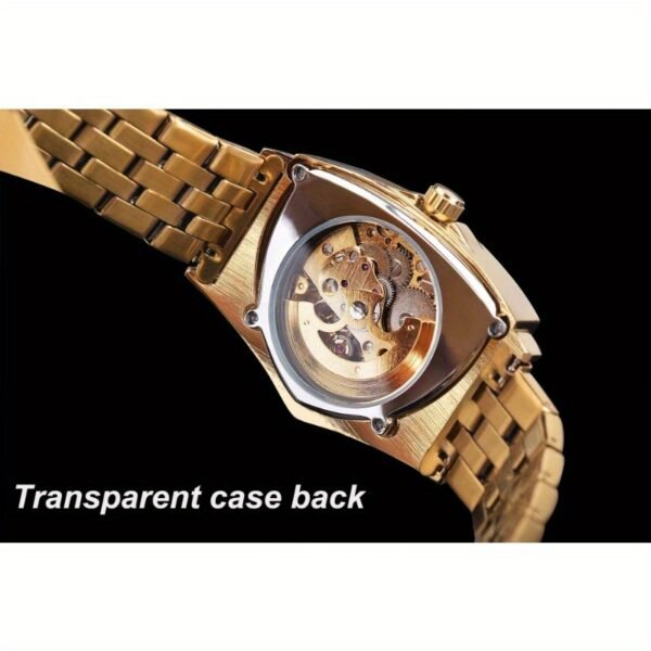 men's skeleton triangle automatic mechanical watch full golden case & bracelet, transparent dial with exposed movement, no battery needed, casual & formal wear, formal accessory, luxury timepiece, detailed craftsmanship