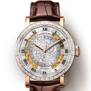 lobinni men's luxury hollow out mechanical watch golden tone stainless steel, date display, luminous hands, dial & case, elegant design for business or casual wear, business watch | sophisticated watch | durable watch