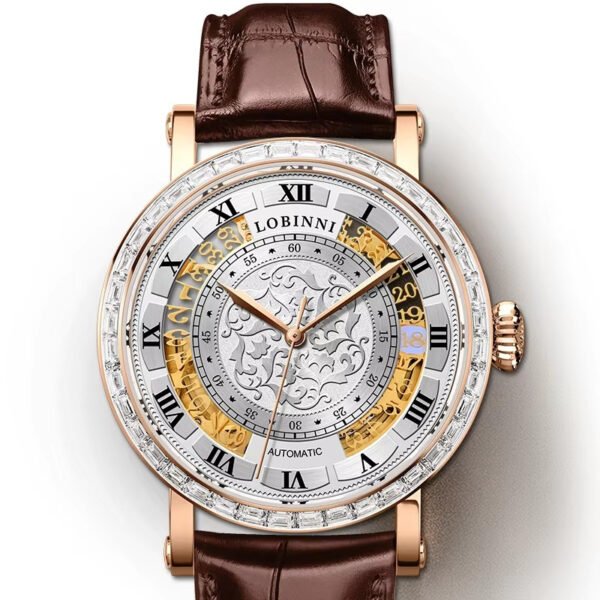 lobinni men's luxury hollow out mechanical watch golden tone stainless steel, date display, luminous hands, dial & case, elegant design for business or casual wear, business watch | sophisticated watch | durable watch
