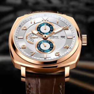 robinie men's automatic mechanical watch elegant golden tone stainless steel, faux leather strap, waterproof, chronograph with lunar phases and date display, mechanical automatic watch