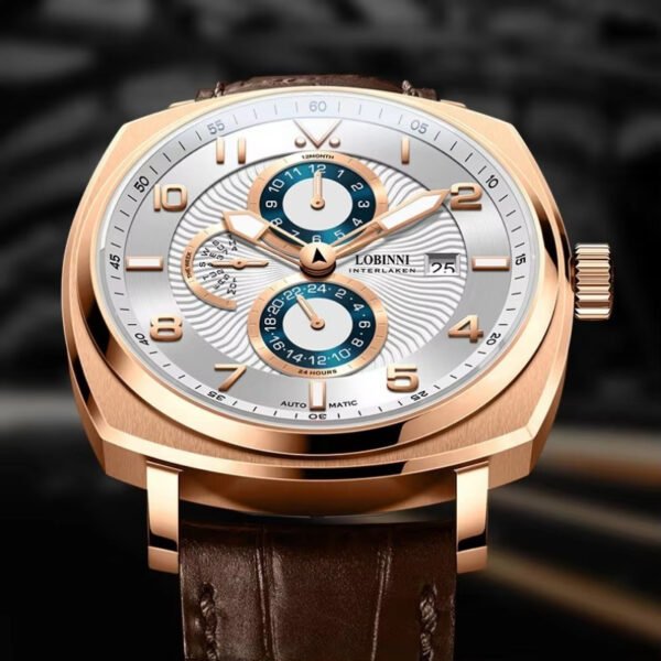 robinie men's automatic mechanical watch elegant golden tone stainless steel, faux leather strap, waterproof, chronograph with lunar phases and date display, mechanical automatic watch