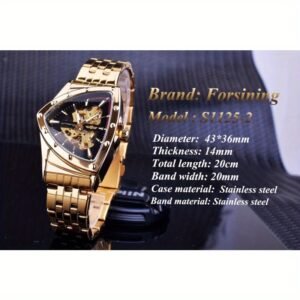 men's skeleton triangle automatic mechanical watch full golden case & bracelet, transparent dial with exposed movement, no battery needed, casual & formal wear, formal accessory, luxury timepiece, detailed craftsmanship