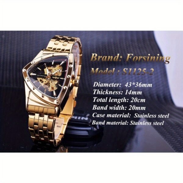 men's skeleton triangle automatic mechanical watch full golden case & bracelet, transparent dial with exposed movement, no battery needed, casual & formal wear, formal accessory, luxury timepiece, detailed craftsmanship