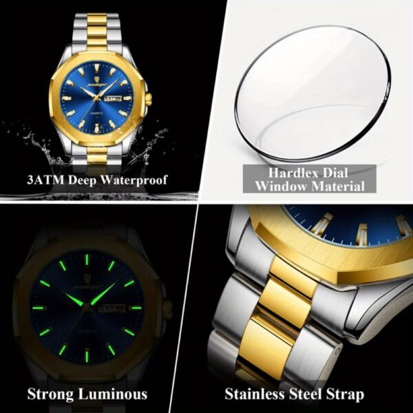 montre sport de luxe poedagar pour homme cadran bleu en acier inoxydable avec marqueurs dorés, aiguilles lumineuses, indicateur date/semaine, mouvement quartz 1181.1 pouces, boîte incluse, style Élégant et décontracté, finition polie