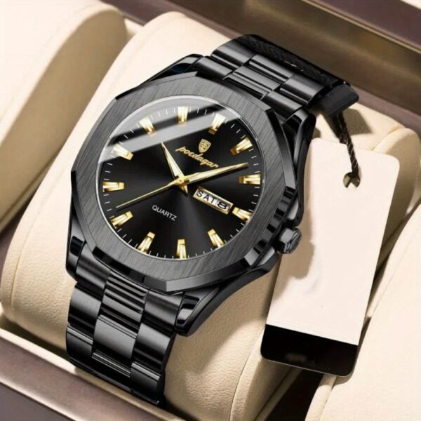 montre sport de luxe poedagar pour homme cadran bleu en acier inoxydable avec marqueurs dorés, aiguilles lumineuses, indicateur date/semaine, mouvement quartz 1181.1 pouces, boîte incluse, style Élégant et décontracté, finition polie