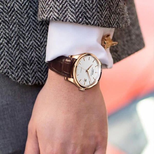 lobinni men's elegant automatic mechanical watch stylish and minimalist design with calendar, waterproof, stainless steel case and brown faux leather strap with rose golden accents for everyday sophistication