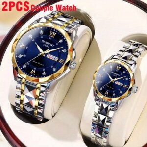 2 pièces montre couple banbony modèle tendance pour homme et femme, bracelet en acier inoxydable avec strass, cadran lumineux à haute définition, affichage semaine et calendrier, Étanche, idée cadeau anniversaire ou vacances