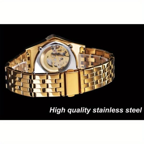 men's skeleton triangle automatic mechanical watch full golden case & bracelet, transparent dial with exposed movement, no battery needed, casual & formal wear, formal accessory, luxury timepiece, detailed craftsmanship