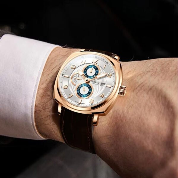 robinie men's automatic mechanical watch elegant golden tone stainless steel, faux leather strap, waterproof, chronograph with lunar phases and date display, mechanical automatic watch