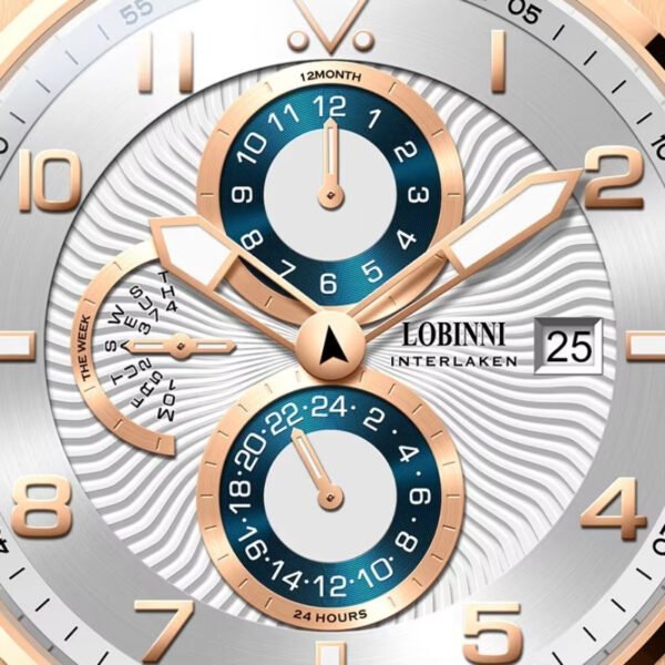 lobinni men's elegant automatic mechanical watch stainless steel case, black faux leather strap, waterproof, luminous hands, dual tone blue/white dial with chronograph functions