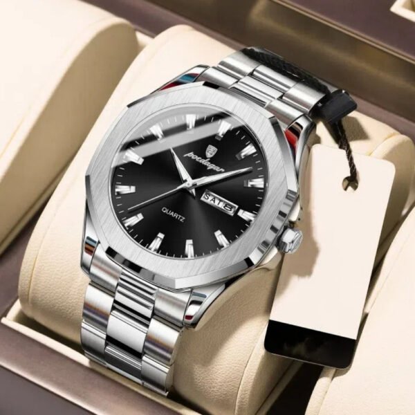 montre sport de luxe poedagar pour homme cadran bleu en acier inoxydable avec marqueurs dorés, aiguilles lumineuses, indicateur date/semaine, mouvement quartz 1181.1 pouces, boîte incluse, style Élégant et décontracté, finition polie