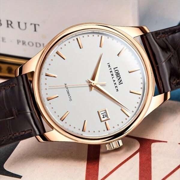 lobinni men's elegant automatic mechanical watch stylish and minimalist design with calendar, waterproof, stainless steel case and brown faux leather strap with rose golden accents for everyday sophistication