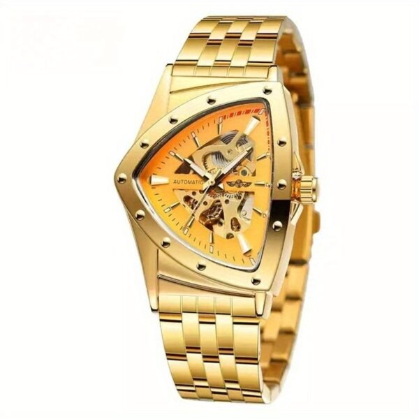men's skeleton triangle automatic mechanical watch full golden case & bracelet, transparent dial with exposed movement, no battery needed, casual & formal wear, formal accessory, luxury timepiece, detailed craftsmanship