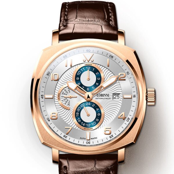 robinie men's automatic mechanical watch elegant golden tone stainless steel, faux leather strap, waterproof, chronograph with lunar phases and date display, mechanical automatic watch