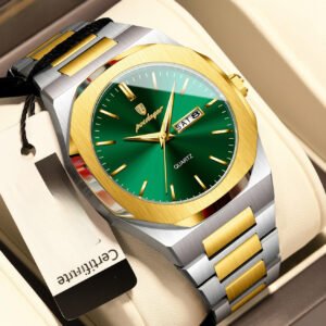montre poedagar pour hommes cadran large avec face verte et lunette dorée, double calendrier (jour/date), mouvement mécanique automatique, boîtier en acier inoxydable Épais & bracelet montre formelle et décontractée pour affaires, quotidienne, Événements spéciaux cadeau idéal pour noël, diplômes, anniversaires, fêtes montre mécanique de luxe pour hommes, design sportif, aiguilles lumineuses, matériaux haut de gamme, port professionnel, meilleur choix pour noël