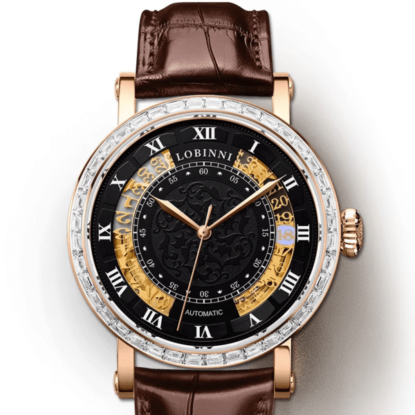 lobinni men's luxury hollow out mechanical watch golden tone stainless steel, date display, luminous hands, dial & case, elegant design for business or casual wear, business watch | sophisticated watch | durable watch