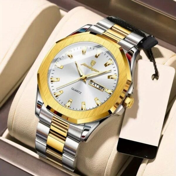 montre sport de luxe poedagar pour homme cadran bleu en acier inoxydable avec marqueurs dorés, aiguilles lumineuses, indicateur date/semaine, mouvement quartz 1181.1 pouces, boîte incluse, style Élégant et décontracté, finition polie